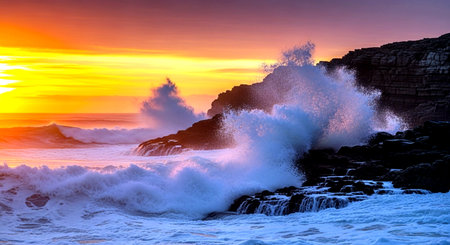 Seascape with stormy waves at sunset. Panoramic imageの素材