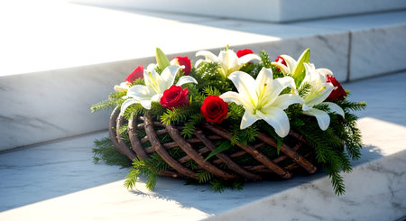 White and red flowers in a wicker basket on a tombstoneの素材