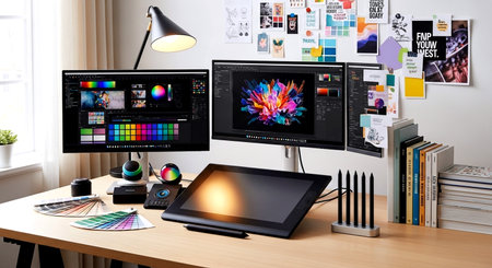 Modern graphic designer desktop with computer, tablet, graphics tablet and other itemsの素材
