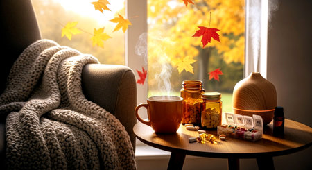Cup of hot drink and autumn leaves on window sill at homeの素材
