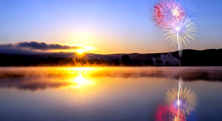 Fireworks reflected in the water of a lake during a beautiful sunsetの素材