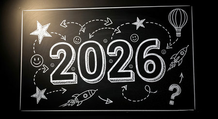 Happy new year 2016 written on a blackboard with rocket and starsの素材