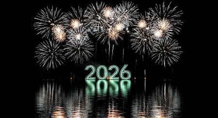 Happy New Year 2020 with fireworks and reflection on the water, celebration conceptの素材