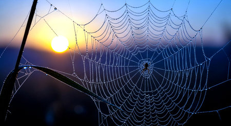 Spider web with dew drops at sunset. Beautiful nature background.の素材