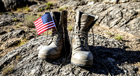 Hiking boots with american flag on top of a mountain.の素材