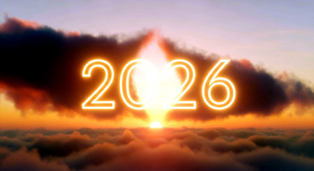 Happy new year 2016 with sunrise over the clouds. Vector illustration.の素材