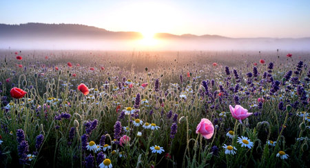Meadow with poppies and daisies at sunriseの素材