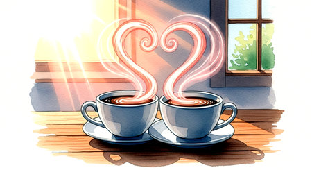 Two cups of coffee on the background of a window with a heartの素材