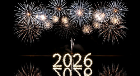 Happy new year 2016 written with Sparkle firework on black sky backgroundの素材