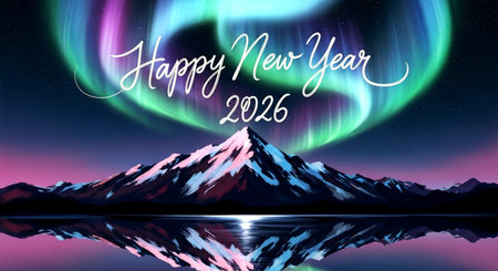 Mountain landscape with northern lights. Christmas and New Year background.の素材