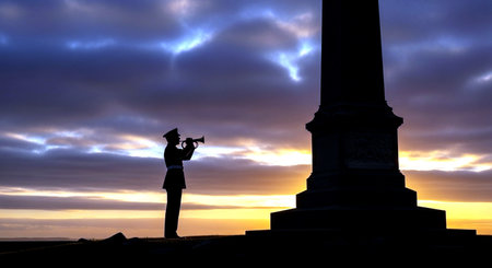 Silhouette of a soldier playing the trumpet in front of a sunsetの素材