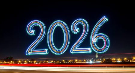 New year 2016 neon sign on the highway at night, light trails on the roadの素材