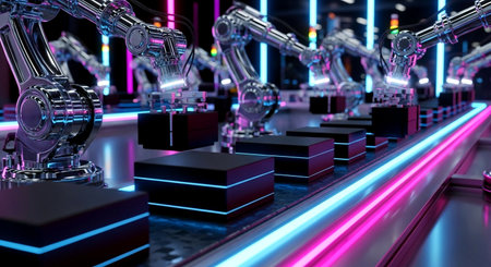 3d rendering robotic arms with glowing neon lights in cyberspaceの素材