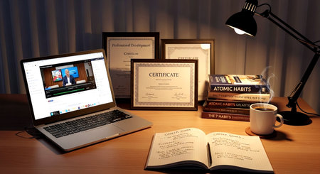 Digital composite of Laptop with books and coffee on table against curtainの素材