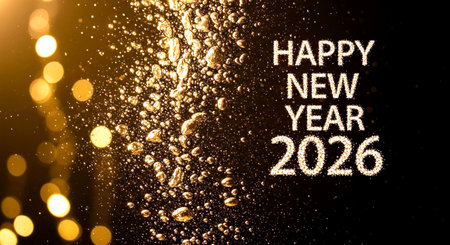 Happy New Year 2020. Golden bokeh background with water dropsの素材