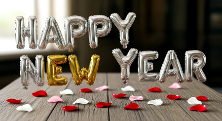Happy New Year message with silver balloons and rose petals on wooden backgroundの素材