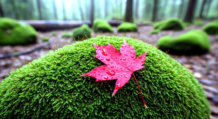 Maple leaf on the moss in the forest. Autumn season.の素材