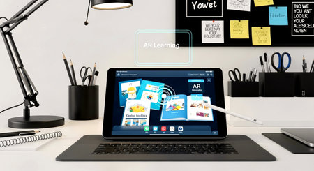 Workplace with tablet pc showing social network on screen. All screen graphics are made up.の素材