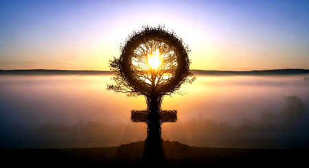 Sunrise over a tree in the middle of a misty fieldの素材