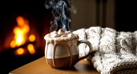 Cup of hot chocolate with marshmallows and knitted scarf in front of fireplaceの素材