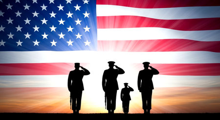 Silhouette of a group of soldiers against the background of the American flagの素材