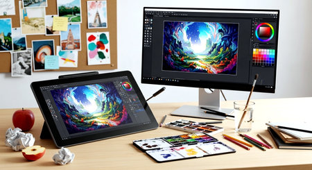 Designer desktop with computer, tablet and graphics tablet in creative studioの素材