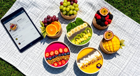 Healthy breakfast on the grass with fruits and berries, top viewの素材