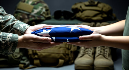 Close-up of soldiers hands holding American flag pillow on dark backgroundの素材