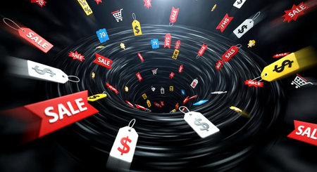 Digital composite of 3D sale tags flying in the air over black backgroundの素材