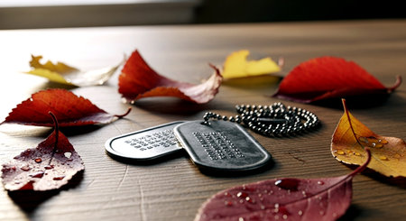 Wet autumn leaves and a metal grater on a wooden tableの素材