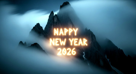 New Year's Eve greeting card in the mountains. 3D renderingの素材