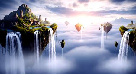 Fantasy landscape with castle and waterfall. 3D Rendering.の素材