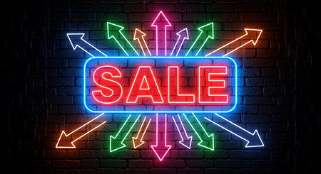 Neon sale sign on brick wall background. Vector Illustration.の素材
