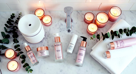 Luxury cosmetic products and candles on a white marble background.の素材