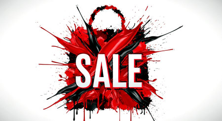 Abstract sale banner with shopping bag made of red and black splashesの素材