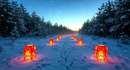 3d rendering of a red lanterns in the winter forest.の素材