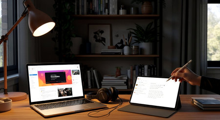 Man working on laptop and tablet at home office. Freelance concept.の素材