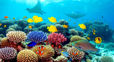 Colorful and beautiful underwater world with corals and tropical fish.の素材