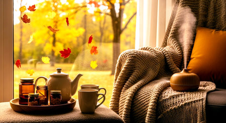 Autumn still life with a cup of tea, teapot, autumn leaves on the windowsillの素材