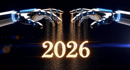 Robot hand holding 2020 new year sign on black background 3D renderingの素材