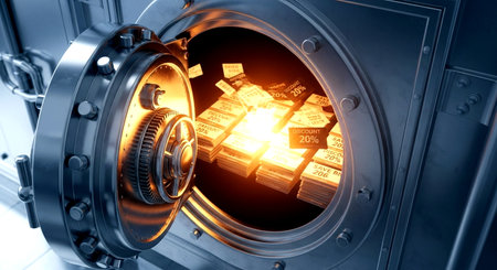 3D rendering of a bank vault with stacks of money in itの素材