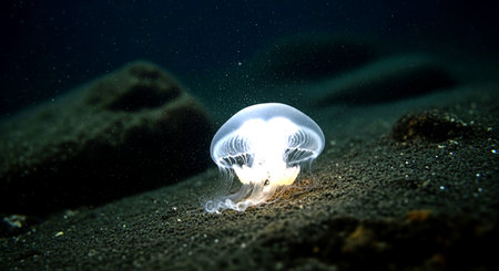 Jellyfish floating in the dark blue sea. Jellyfish is a species of jellyfish.の素材