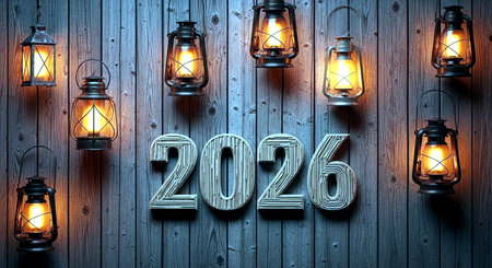 Happy new year 2016 written in wooden letters with vintage lanterns on wooden wallの素材