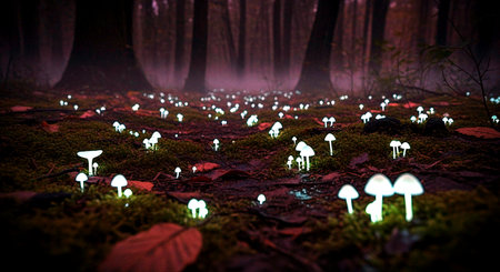 Mushrooms in the forest at night. Fantasy forest. 3D renderingの素材