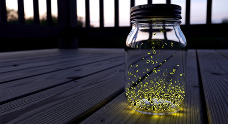 Mason jar on wooden deck with green glowing lights. 3D renderingの素材