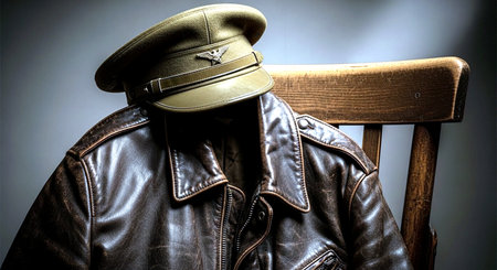 Close-up of a leather jacket and hat on a wooden chairの素材