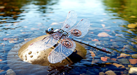 Dragonfly on a stone in the water. 3d illustration.の素材