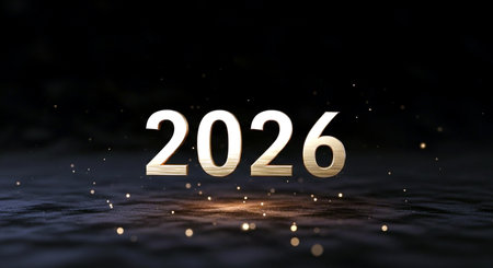 Happy New Year 2016. 3D rendering. Golden numbers on black background.の素材