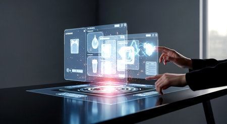 Businesswoman on dark office table using virtual panel interface 3D renderingの素材