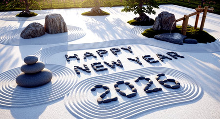 Happy New Year 2015 written on white sand with zen stones.の素材